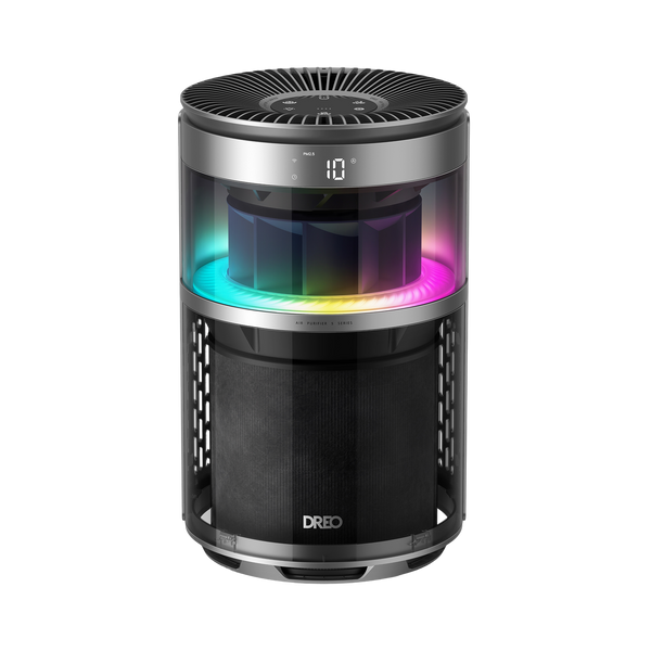 A DREO portable heater and air purifier with a black and silver metallic body, featuring a glowing multicolor LED ring and a digital display showing '10'.