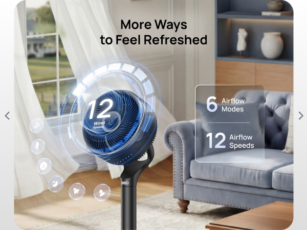 Stylized image of a fan with features highlighted in a living room setting
