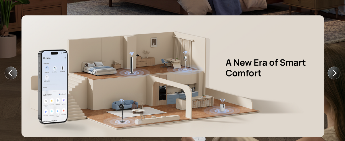 Smart home control interface with smartphone app and room layout, labeled 'A New Era of Smart Comfort'.