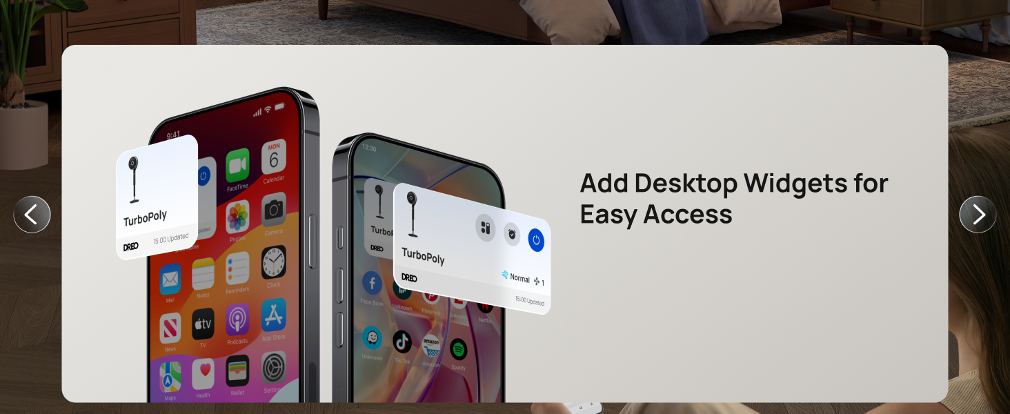 Phone screen with app icons and a prompt to add desktop widgets for easy access.