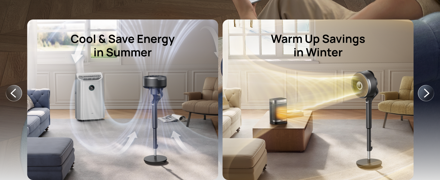 Two scenes showing a home air conditioning unit labeled 'Cool & Save Energy in Summer' and a heating system labeled 'Warm Up Savings in Winter'.