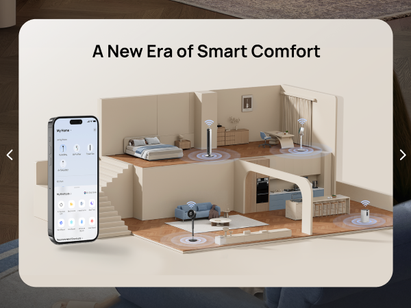 Smart home control app on a smartphone with a modern living room layout, featuring 'A New Era of Smart Comfort' text.