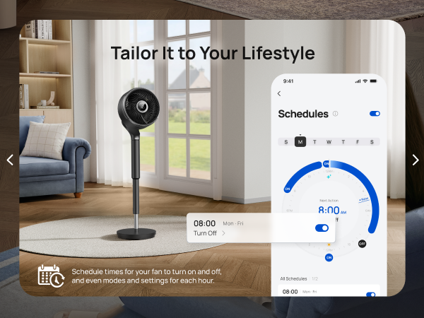 Stand fan with smartphone app interface in a room setting, showcasing lifestyle customization.